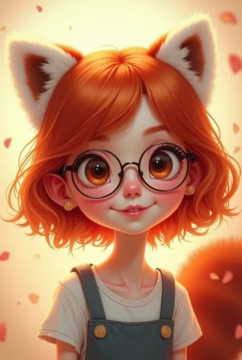 Girl with big eyes and red hair, wearing round glasses and a sweet smile with red panda ears and tail 
