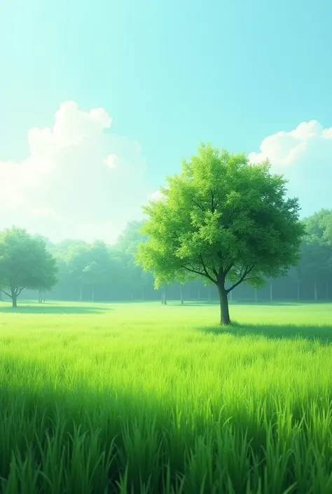 a flat green field with grass and only one shady tree and a forest in the distance 