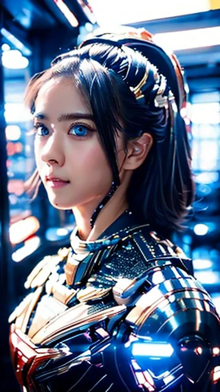 Wide-angle shot, 1 female, Mecha, Sparkling Blue Eyes, Very cute face, (Realistic:1.37), バイオMechaニカル, Spaceship interior bokeh background, Ultra-realistic, Very detailed, Very intricate details, Beautiful woman in focus