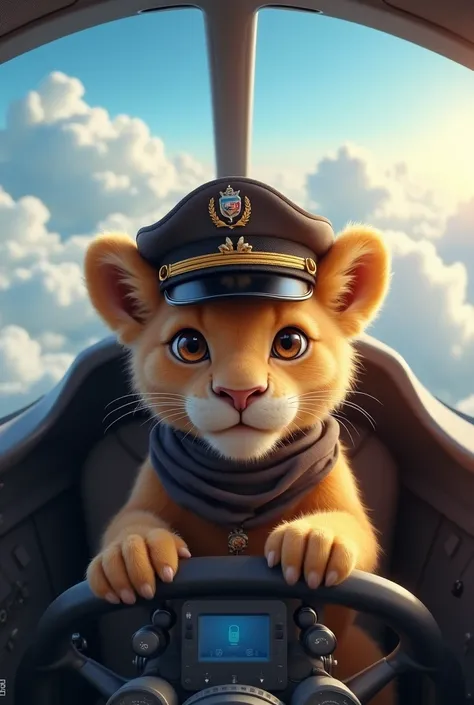 up in the air，Little lion sitting on the plane as a pilot