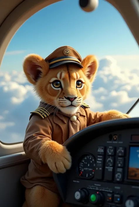 up in the air，Little lion sitting on the plane as a pilot