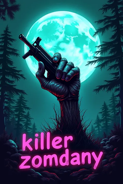 A logo of a realistic zombie hand, coming out of the ground, with an ak47, with the bright moon in the background, In the woods. With phosphorescent green and phosphorescent pink colors. With the name KILLERZOMDANY in bright blue. 