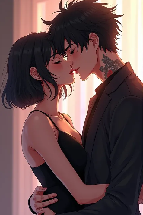 I would like an anime-style image of a couple consisting of a man with short hair and a tattoo on his face kissing a woman with short hair and a black dress.