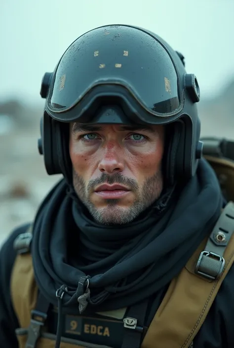 there is a man with a helmet and a wetsuit, cinematographic frame, Edgar Maxence and Ross Tran, Closeup of face, futuristic soldier, still film of a tired, by Pierre Lafillé, military, without helmet, male with halo, shattered land, my uncle, color correct...