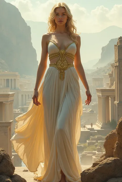 Create a giant woman, goddess, cleavage, thigh, elegant white golden gown, standing over greek city