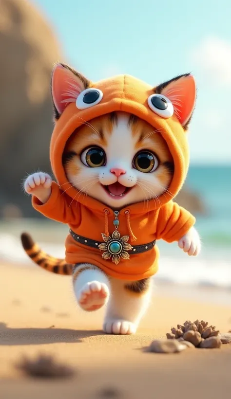 3D cute calico kitten character、Happy Squid Costume、running、Coastal、masterpiece, Background Blur, Portraits, Waist belt decorated with squid