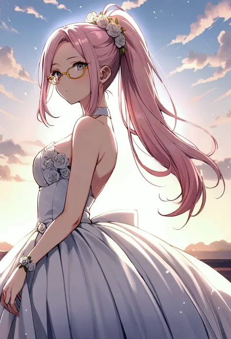 20 years old girl, light pink hair, high ponytail, no bangs, gray eyes, single eyelids, yellow-rimmed glasses, wedding dress