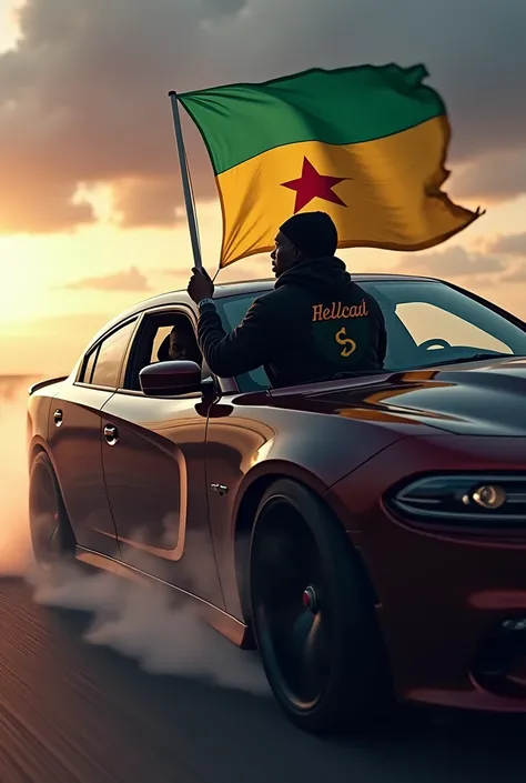 want you to generate an image for me of a guy sitting in the back seat window of a Dodge Charger SRT doing a drift. The guy is holding the Senegal flag and wearing a black hoodie with the Hellcat logo behind it
