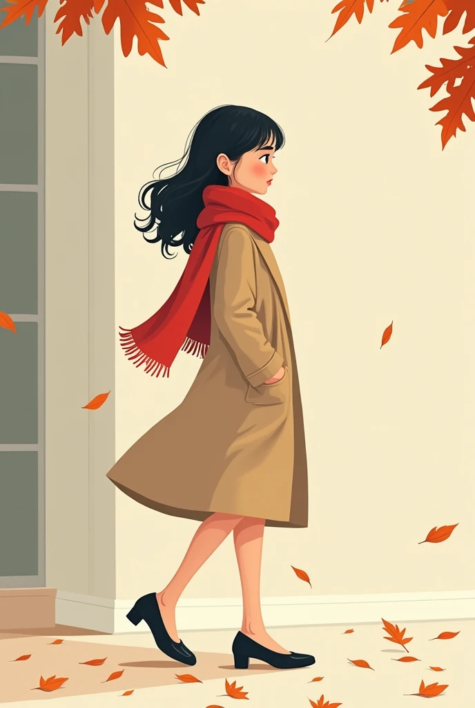 （（（Vector illustration））），Flat coating，（（Celluloid style）），（children illustration），side view，fallen leaves，girl，Beige trench coat，red scarf，High heel，Apartment background，（（minimalist art）），8K，masterpiece，Rich details