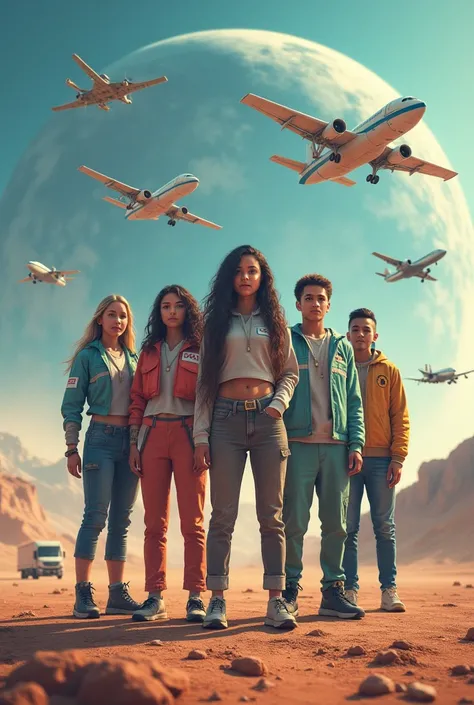 The planet with ship, plane, train and truck, In the middle three young ladies and two young men, below it says GLOBAL SQUAD