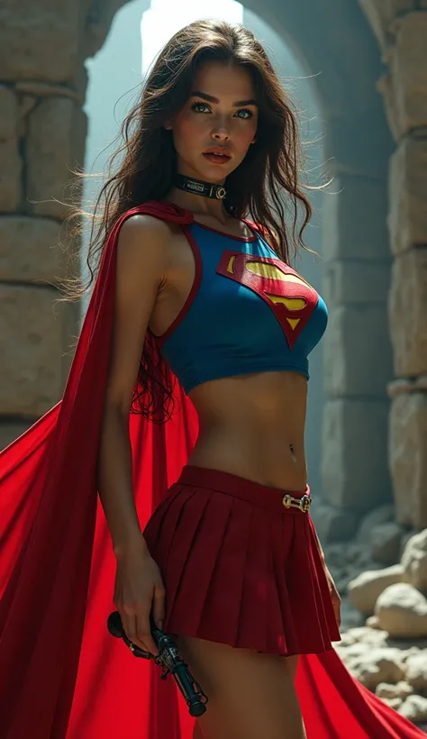 full view of A SEXY TEENAGE FEMALE WITH PEARL BLUE EYES AND LONG MESSY HAIR WEARING A CLASSIC BLUE SUPERMAN CROP TOP COSTUME, RED PLEATED SKIRT AND RED SUPERMAN CAPE. large breasts, incredibly detailed skin and eyes, seductive poses, 8K resolution, masterp...