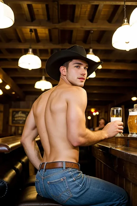 Young handsome cute beautiful skinny white face without shirt in a cowboy bar sitting on an armchair black hat naked serving beer shots nice back ass