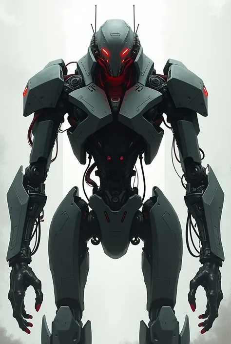 Make me a robot in a drawing type that is futuristic and very gore but in all drawing that is facing forward, very facing forward, with a wide and straight torso and a black suit.