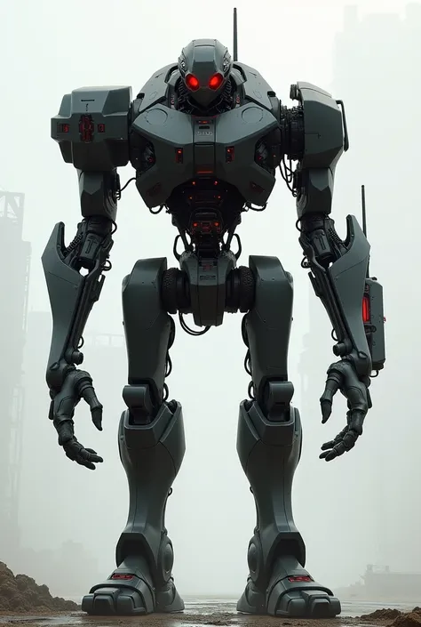 Make me a robot in a drawing type that is futuristic and very gore but in all drawing that is facing forward, very facing forward, with a wide and straight torso and a black suit.