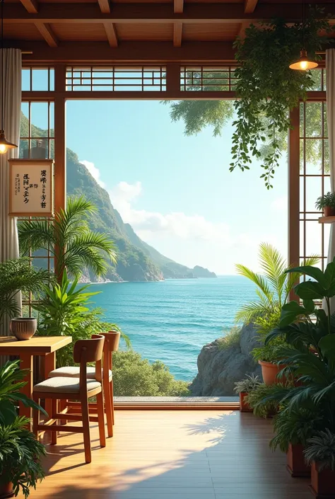 Japanese cafe with sea view, Plant inside the cafeteria and with a sign that says percentage of coffee