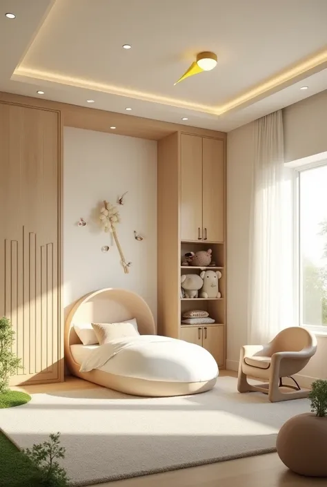 Professional 3d architecture rendering design of modern and   light moss and  so light Thunder and light cream and wooden   Modern and minimal  design for chid  bedroom  and light  cream   carpet  with animals painting and white painting wall and light woo...