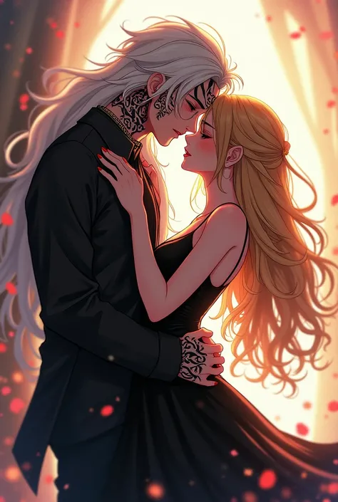 I would like an anime-style image of a couple consisting of a man with long pkatinum hair and a tattoo on his face kissing a woman with long golden hair and a black dress.