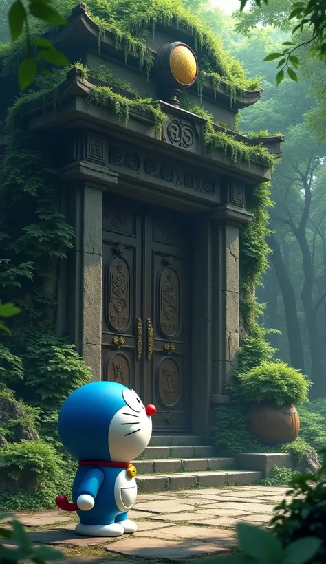 Doraemon stands in front of an ancient temple hidden deep in the forest., covered with vines and moss. Temple doors carved with ancient symbols, looks mysterious and challenging. The faint light from outside shone into the temple., create a mysterious spac...