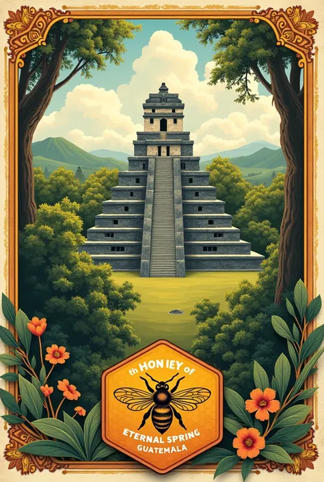 label with floating bee design or honeycomb panel, Mayan city tikal,  guatemala, with the brand name  "Honey of eternal spring" Origin "guatemala"
