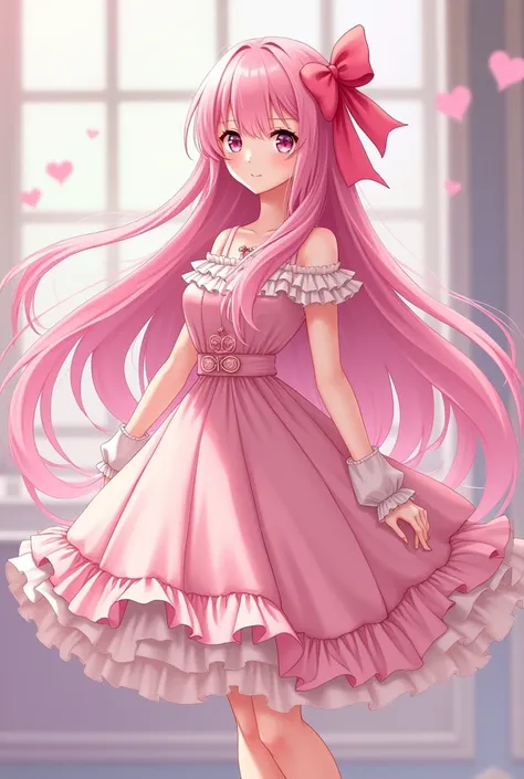 Anime girl with long pink hair with a big bow showing off pink dress and pink flat shoes with a bow