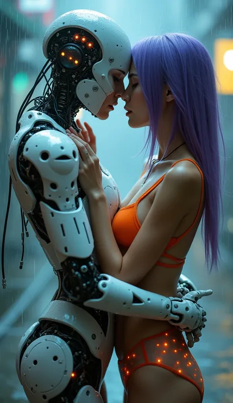 Female Cyborg, with bionic arms and legs,, under the rain, usando lingeries transparentes income na cor lilás, kissing a japanese girl with purple hair, wearing transparent orange lingerie, income., high quality, (RAW photo, best quality), (realistic, phot...