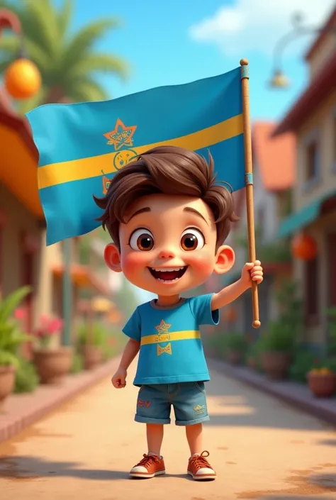 Create a pixar type character of a boy holding a flag of the republic of palau the blue flag with a yellow circle in the middle