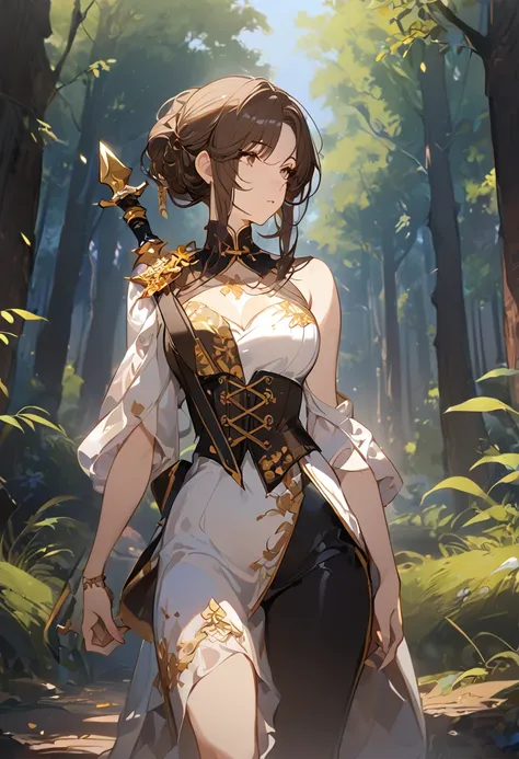 masterpiece, 1 female, dark brown hair, long hair, brown eyes, look away, white dress, dress to the knee, dress by the shoulder, leather corset, single slit dress, gold embroidery bottom part of the dress, black long pants, carrying spear, forest backgroun...