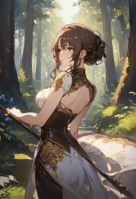 masterpiece, 1 female, dark brown hair, long hair, brown eyes, look away, white dress, dress to the knee, dress by the shoulder, leather corset, single slit dress, gold embroidery bottom part of the dress, black long pants, carrying spear, forest backgroun...