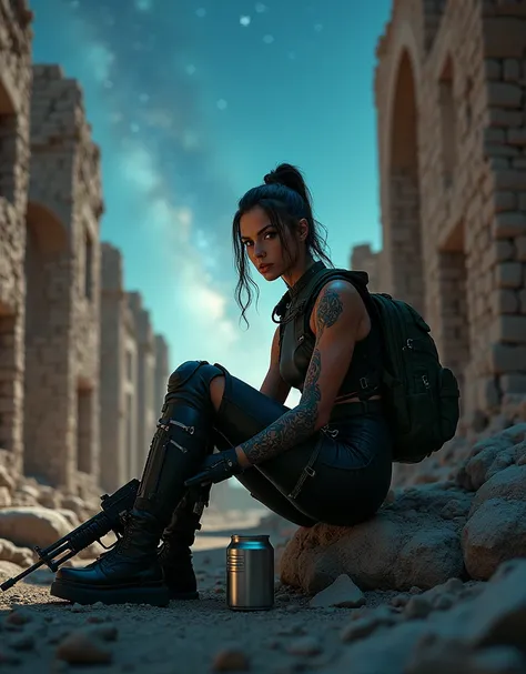 A cinematic photo shoot of gorgeous female military soldier cyborg, sits on a building ruins, a tin can of hot steamy coffee, machine gun and back pack on the ground, bright night starry sky, milky way trail, volumetric night light, insanely detailed and i...