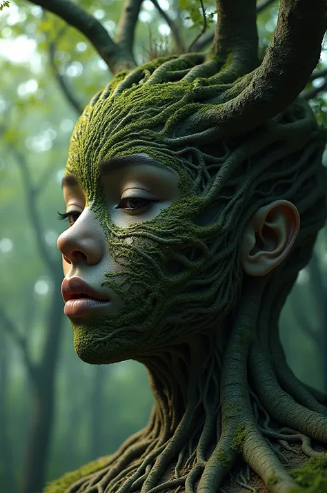 Aquí tienes un prompt basado en la expresión que has dado:

**Prompt:**  
"A face merging seamlessly with the roots of a tree, symbolizing growth and connection to nature. The background is a mysterious forest, with soft light and intricate details, blendi...