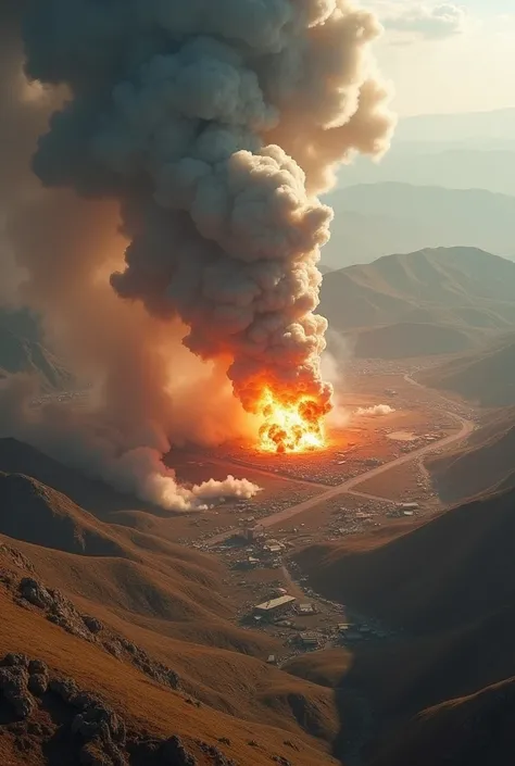 **Visual 1**: Aerial view of a military strike in southern Lebanon, with smoke and flames rising from a series of explosions, depicting targeted Hezbollah arms depots in a rural area.