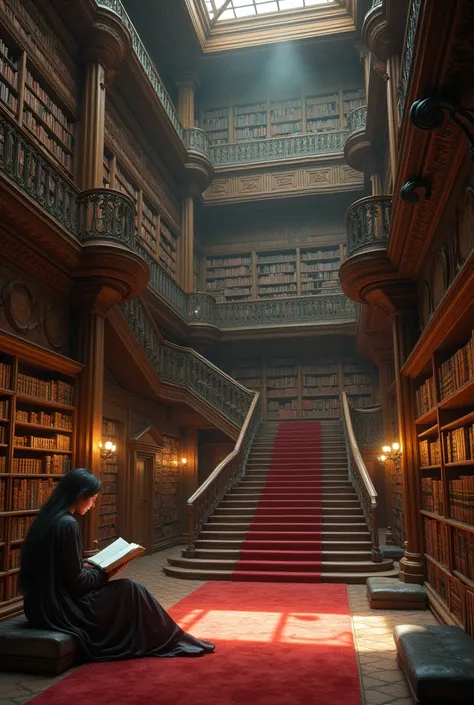 Inside a sacred reading room with books everywhere, wood walls and staircase, red carpet, science fiction future, the room is rich with books from the past, rich wood panel walls and trim, beautiful young librarian sitting in the room reading. 