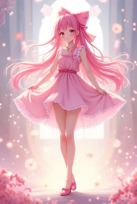 Anime girl with long pink hair with a big bow and pink dress showing her legs with pink flat shoes with a bow