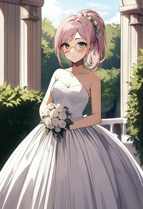 20 years old girl, light pink hair, high straight ponytail, no bangs, gray eyes, single eyelids, yellow-rimmed glasses, wearing a wedding dress