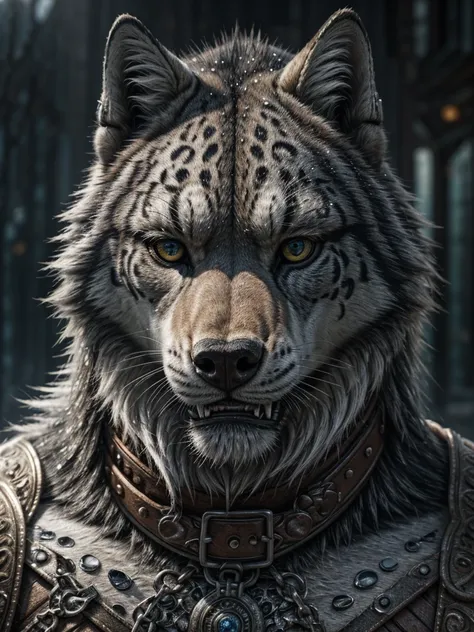 a huge three-headed wolf, snow leopard-like fur, massive collar with runes, hellhound, extremely detailed, (best quality,4k,8k,highres,masterpiece:1.2),ultra-detailed,(realistic,photorealistic,photo-realistic:1.37),HDR,UHD,studio lighting,ultra-fine painti...