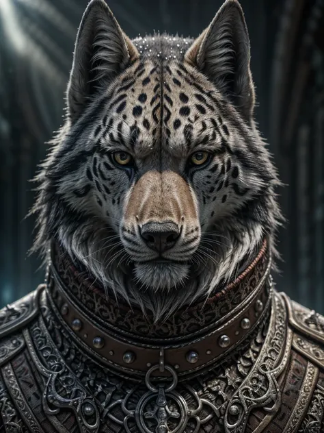 a huge three-headed wolf, snow leopard-like fur, massive collar with runes, hellhound, extremely detailed, (best quality,4k,8k,h...