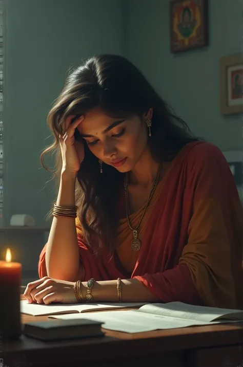 A indian hindu woman bent over her desk with her hands gripping the edge of the desk