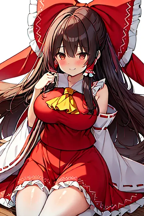 bow, hair_bow, hair_tubes, red_bow, brown_hair, long_hair, bangs, sidelocks, ascot, brown_eyes, frilled_bow, yellow_ascot, blush, smile, hair_between_eyes shrine maiden hakurei reimu shrine (Very large breasts:1.3) Curvy body type (Photograph the whole bod...