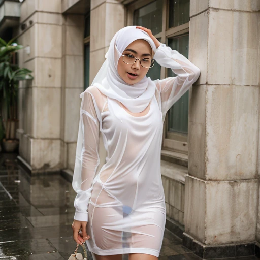 Young beautiful sweet sundanese Bogor city girl, 2, slim body, georgeus face, no underwear, wearing  wet white thin hijab, all her  hairs covered under her hijab,  wearing wet white thin see through very transparent buttoned dress, wearing wet white thin s...