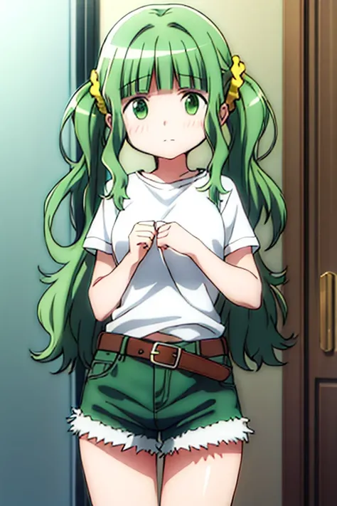 best quality, masterpiece, highres, solo, {futaba_sana_puellamagimadokamagicasidestorymagiarecord:1.15}, bangs, sidelocks, blunt_bangs, twintails, green_hair, wavy_hair, medium_hair, green_eyes, hair_ornament, blush, dot_nose, closed_mouth, aqua_hair, scru...