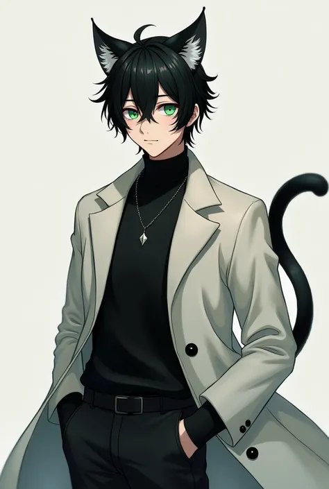 Man with black hair and green eyes，Has cat ears and a black tail，Wearing a black sweater and white coat，very handsome