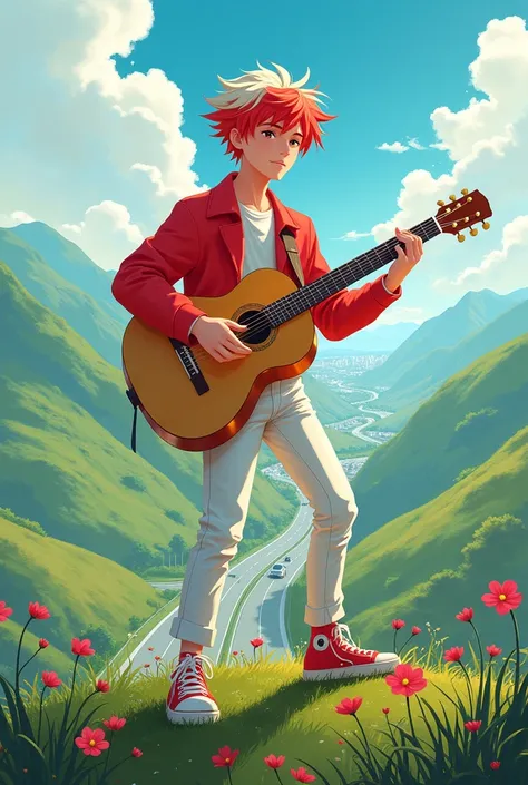 A 21 old man singing a pop song playing guitar, seating on heights place looking under the city, green hill, highway , the small flowers around the boy, (boy upper were color is red and bottom were is white),( height details),(vivid)