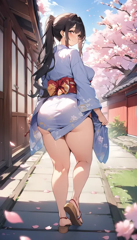 One Woman、beautiful girl、after school、evening、kimono、kimono、ponytail、Straw sandals、School、Back of the school building、spring、Cherry tree々、Cherry blossom petals fluttering、Long Hair、Highest quality、Ultra HD、Thick thighs、Big Ass、Black Hair、smile、Japanese sty...