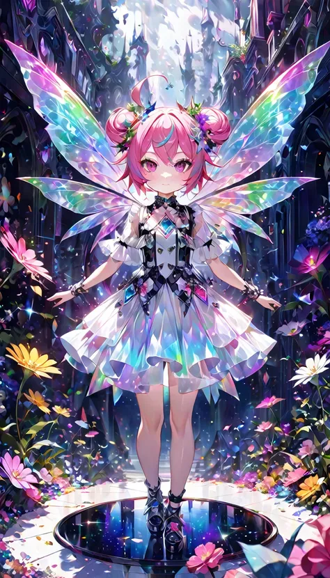 fantasy world that combines flower-punk and gem-punk, cute female spirit fairy captain, background distorted space from another ...