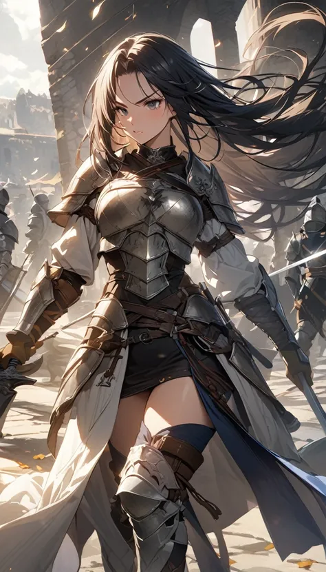 Ultra-high definition image quality、beautiful girl、Woman warrior、Female Swordsman、Light Armor、Silver boots、Long Hair、Knight&#39;s Hair Ornament、Black Hair、20-year-old、Be confident々face、Very short tight skirt、Sexy posture、wilderness、Highest quality,Big Ass、...