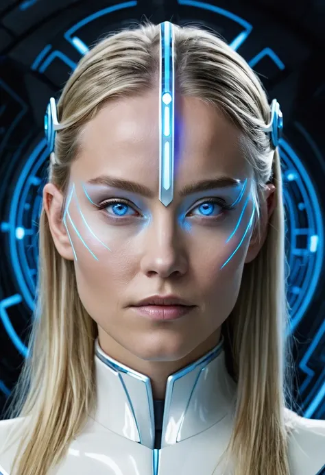 elisabeth olsen as the android white vision with blue mind stone set in her forehead