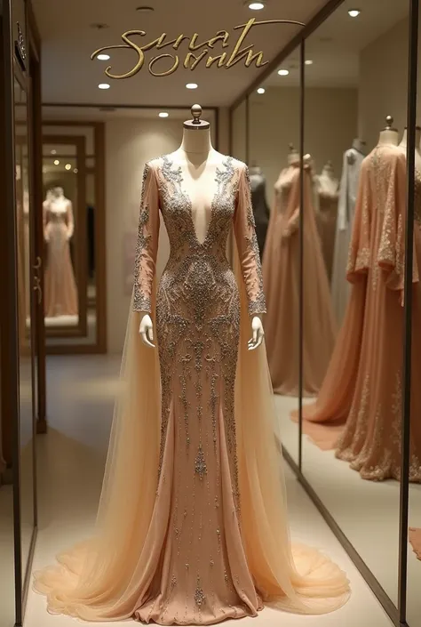 Beautiful beige evening dress studded with rhinestones and beads displayed in Sanat Dizayn clothing store, written on the wall the name of the stores Sanat Dizayn looking at the viewer, viewing the name,