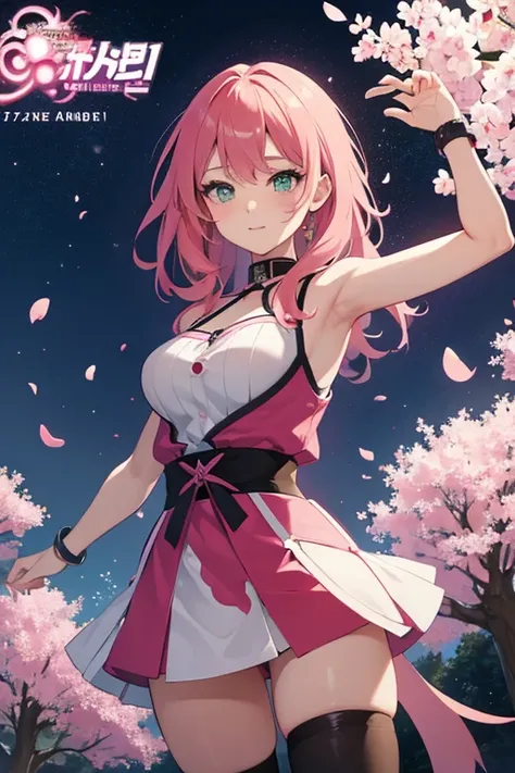 Anime girl with pink hair and green eyes posing for a photo, Bridget, Best anime 4k konachan wallpaper, Fascinating anime, I also make fan art, sakura petals around her, Splash Art Anime , Anime Style 4k, Anime Moe Art Style, High quality anime art style, ...