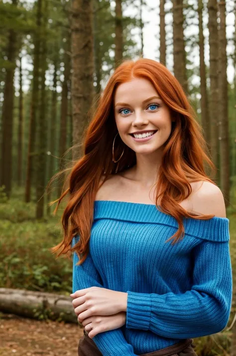 ((Best Quality)), ((masterpiece)), (detailed), 1 girl, with off-the-shoulder sweater, Smile where you can see perfect white teeth, Redhead woman with long hair, big blue eyes, prominent lips, athletic, Striking quality is that he has his left arm tattooed ...