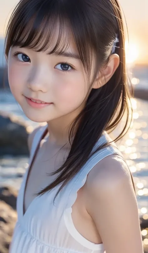 masterpiece, 8k, adorable, very pretty, adolescent, seaside,  japanese girl, (portrait, close-up:1.2), exposed forehead, scrunch...